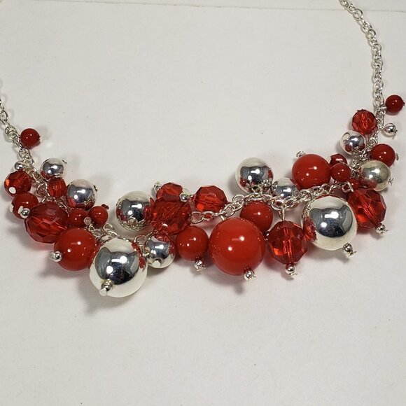 Polished Silver Necklace – Red Bead Cluster & Elegant Drop Design for Women,18" - Picture 4 of 7